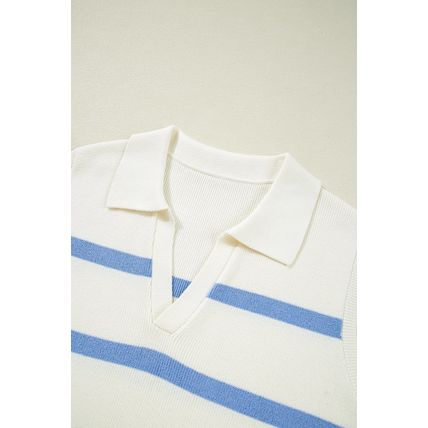 Sky Blue Stripe Split V Neck Collared Ribbed Sweater Vest