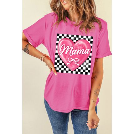 Sachet Pink Checkered Heart Pattern mama Bow Graphic Tee