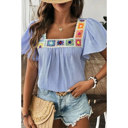 Sky Blue Stripe Textured Ruffle Short Sleeve Boho Detail Square Neck Blouse