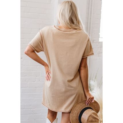 Pale Khaki Mineral Wash Stud Beaded Star Graphic Pocketed T Shirt Dress