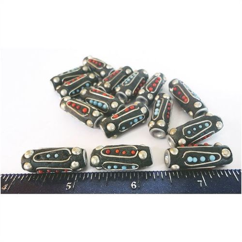 BEADS #ILM004a lot of 15 large ornate Indian lacquer metal