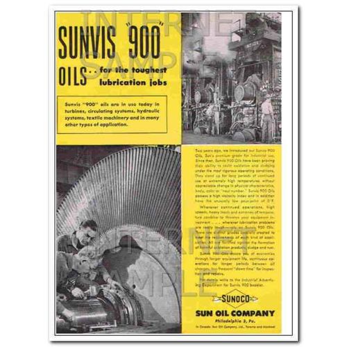 SUN OIL COMPANY 1948 SUNVIS 900 toughest lubrication jobs vintage ad