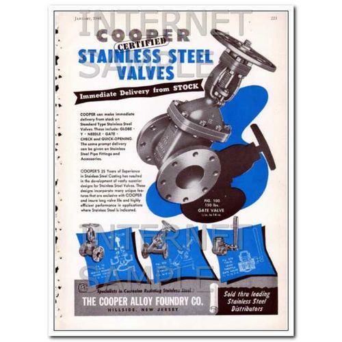 COOPER ALLOY FOUNDRY CO 1948 blue stainless steel valves vintage ad