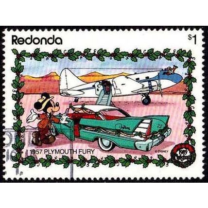 Antigua & Barbuda Redonda 1989 Christmas Disney $1 Used Stamp Cars 1957 Plymouth