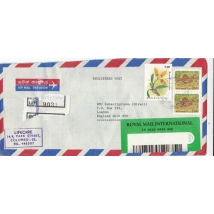 Sri Lanka 1995 Colombo to London UK Registered Air Mail Cover typed VGC