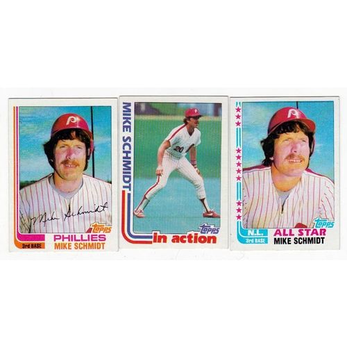Three 1982 Topps Mike Schmidt baseball cards #100, 101, 339 -HOF- Phillies