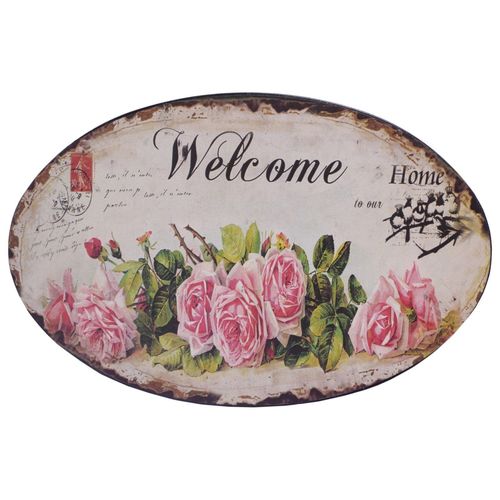 Blechschild ?Welcome to our Home? Metallschild,Rosen,oval, 26cm