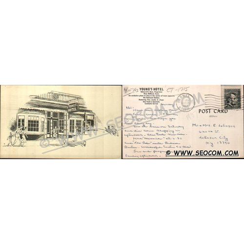 CT New MIlford Postcard Young's Hotel Center Of Town Opposite Railroad Sta~1715