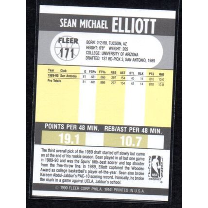 1990/1991 Fleer Sean Elliott Rookie Card - Card # 171
