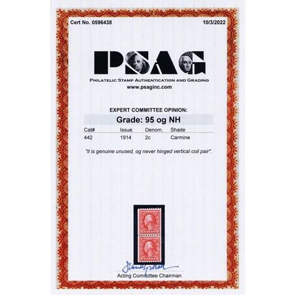442, Mint NH 2¢ GEM - Coil Pair PSAG Graded 95 - Stuart Katz
