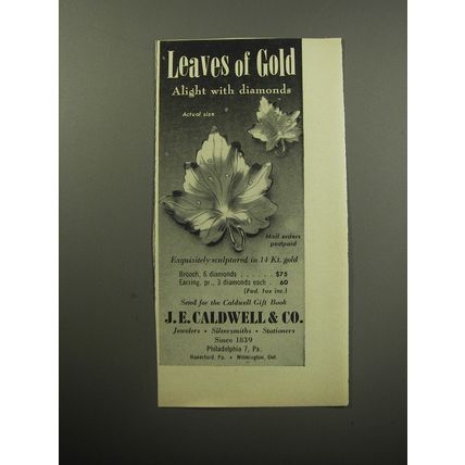 1957 J.E. Caldwell Jewelry Advertisement - Leaves of gold alight with diamonds
