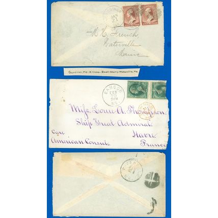 US LOT/3 MAINE Covers, Bangor-France, Gardiner, Fancy Cancels, 1870s, 3¢ Greens!