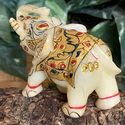 Marble Elephant Statue Trunk Up Hand Painted Indian Art home Decor Sculpture 3"