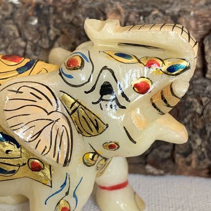 Marble Elephant Statue Trunk Up Hand Painted Indian Art home Decor Sculpture 3"