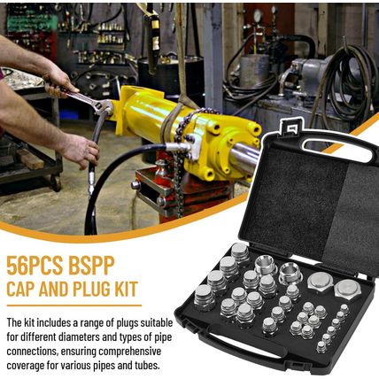 56 Pcs BSPP Cap and Plug Kit, Hydraulic Cap and Plug Kit with Precision Threadin