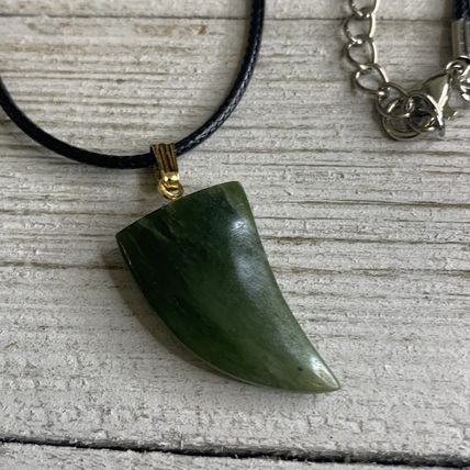Vintage 70s Jade Sharks Tooth Pendant Necklace Adjustable Black Cord Chain 20"