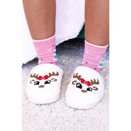 White Christmas Cartoon Pattern Plush Slippers