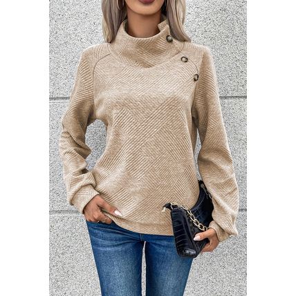 Apricot Asymmetric Buttons Detail High Neck Textured Sweatshirt
