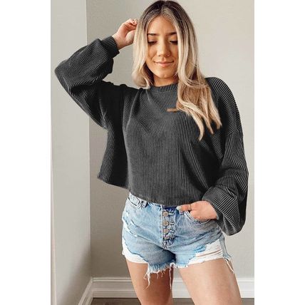 Black Cording Drop Shoulder Puff Sleeve Casual Long Sleeve Top