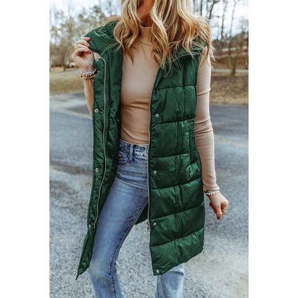 Green Hooded Long Quilted Vest Coat