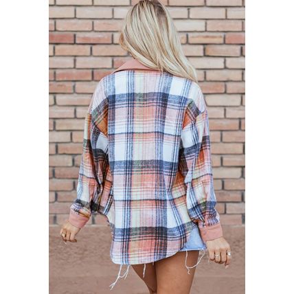 Light Pink Plaid Corduroy Patchwork Chest Pocket Shacket