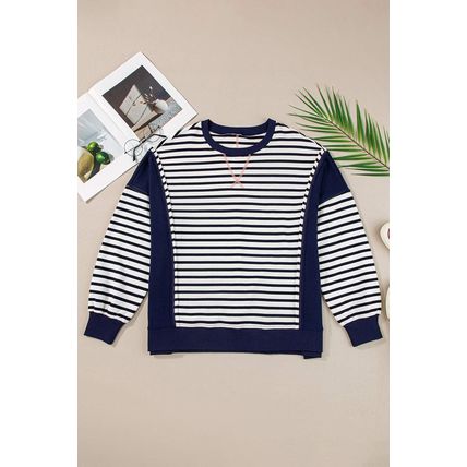White Stripe Color Block Exposed Seam Loose Fit Sweatshirt