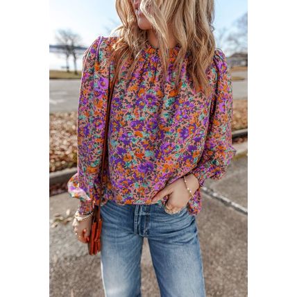 Purple Floral Allover Print Shirred Cuff Frilled O Neck Blouse