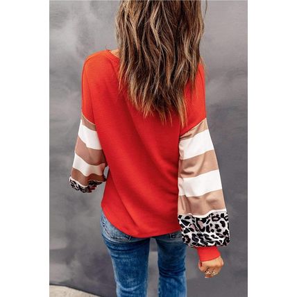 Red Hello Pumpkin Graphic Leopard Striped Colorblock Sleeve V Neck Top