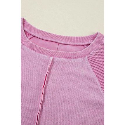 Pink Waffle Knit Patchwork Exposed Seam Raglan Sweatshirt