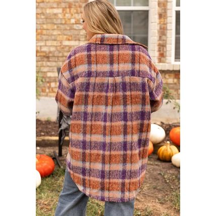 Multicolour Plus Size Plaid Print Collared Button up Jacket