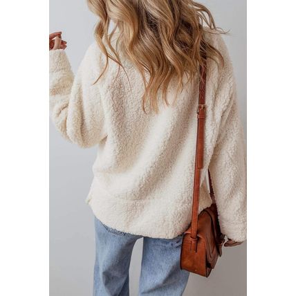 White Solid Fleece High Neck Drop Shoulder Pullover Sweatshirt