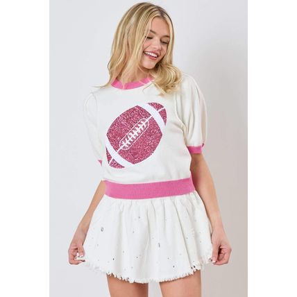 Pink Sequin Rugby Color Block Puff Short Sleeve Sweater