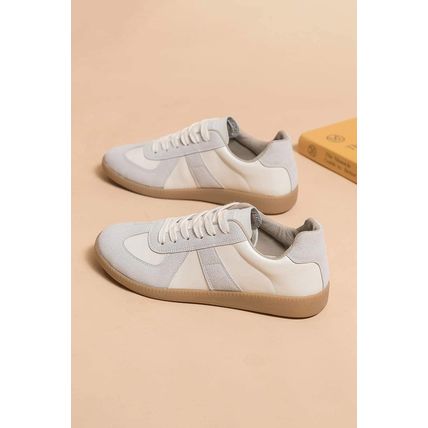 Beige PU Leather Suede Patched Lace-up Flat Shoes