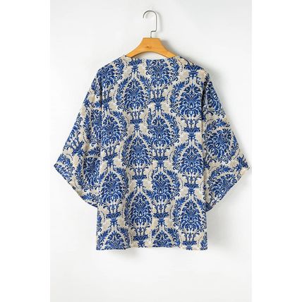 Blue Plus Size Ethnic Printed 3/4 Sleeve V Neck Loose Blouse