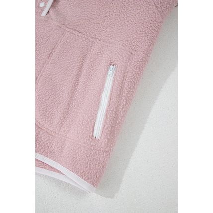 Fushia Stand Neck Half Button Zip Pocket Plush Sweatshirt