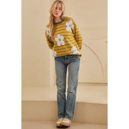 Yellow Stripe Daisy Floral Knitted Round Neck Sweater