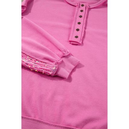 Bonbon Sequin Patchwork High Low Hem Henley Sweatshirt