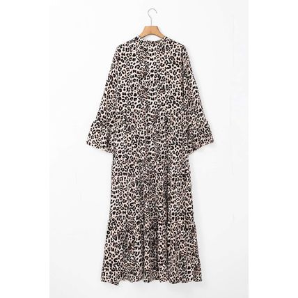 Apricot Leopard Print Tiered Wide Sleeve Maxi Dress