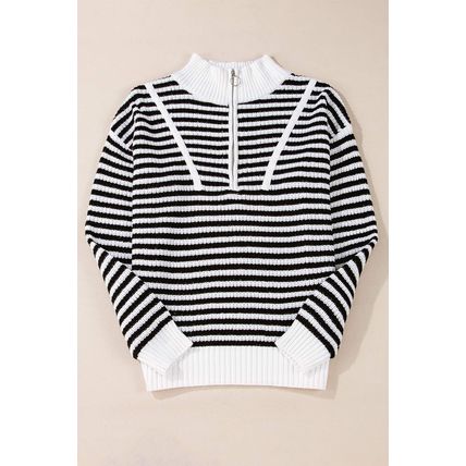 Black Stripe Zip up Collar Drop Shoulder Sweater
