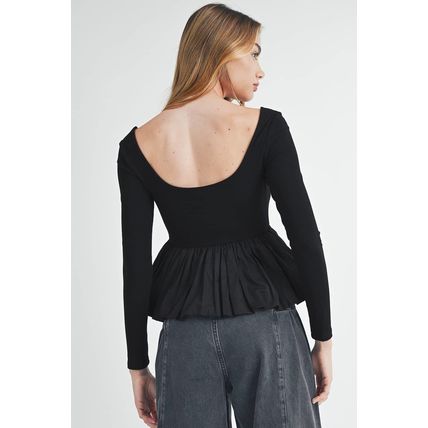 Black Ribbed Knit Long Sleeve Scoop Neck Peplum Patchwork Top