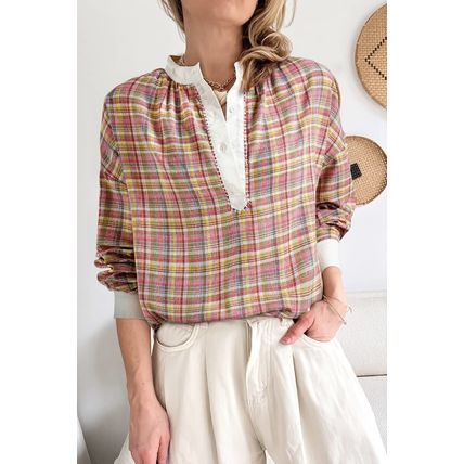 Pink Colorblock Plaid Patchwork Henley Blouse