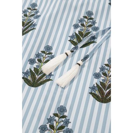 Beau Blue Striped Floral Printed Long Sleeve Tied V Neck Blouse