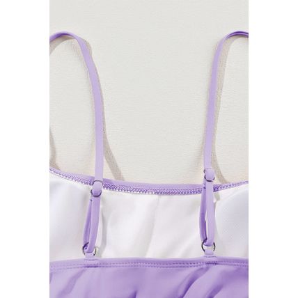 Orchid Petal Striped Patchwork Spaghetti Strap High Waist Bikini Swimsuit