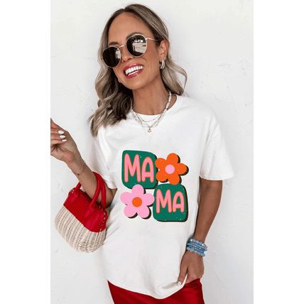 White MAMA Flower Graphic Crewneck Tee