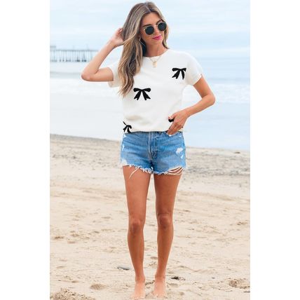 White Bow Pattern Knit Short Sleeve Sweater