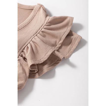 Smoke Gray Ribbed Knit Ruffled Shoulder Slim Fit Tank Top