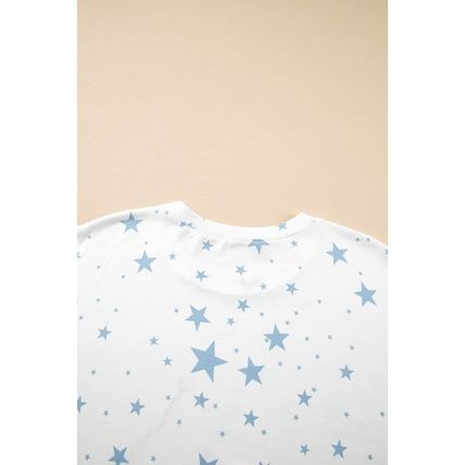 Sky Blue Stars Print Drop Shoulder Oversized T Shirt with Slits