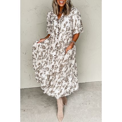 Khaki Floral Puff Sleeve V Neck Buttoned Front Maxi Dress