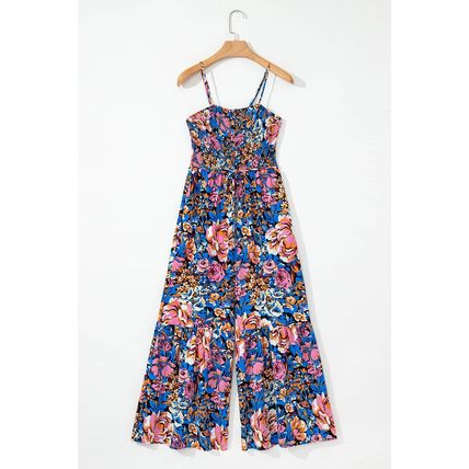 Pink Floral Smocked Bust Spaghetti Straps Wide Leg Jumpsuit