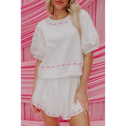 White Contrast Bow Trim Pearl Puff Sleeve Blouse and Skort 2pcs Set